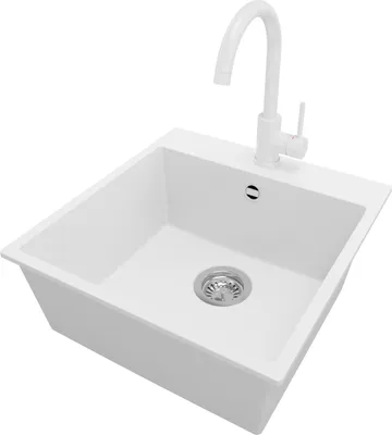 Produktbild von PRIMAGRAN Granitspüle Weiß 48x50cm, Spülbecken 1 Becken + Küchenarmatur 32x20cm + Ablauf-Set, Küchenspüle ab 50er Unterschrank - Riga