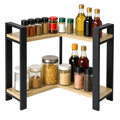 Produktbild von Küchen-Eckregal L-Form, Gewürzregal mit 2 Ebenen, platzsparendes Küchenregal Standregal für mehr Stauraum auf der Arbeitsfläche, Industrie-Design