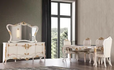 Produktbild von Esstisch Garnitur Gruppe Esszimmer Tisch Stuhl Set Anrichte Spiegel 6tlg