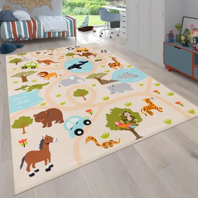Produktbild von Teppich Kinderzimmer Kinderteppich Spielteppich Dschungel Rutschfest Creme Grün Grösse 80x150 cm