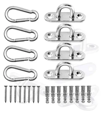 Produktbild von Deckenhaken-Set mit Wandhaken, 4 Edelstahl-Ösenplatten und 4 Karabinern für Markisen und Außengeräte