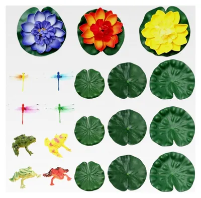 Produktbild von 20 Stück Teichdekorationsset, Künstliche Seerosen und Lotusblätter mit Libellen und Fröschen für Aquarium, Terrasse, Garten und Pool