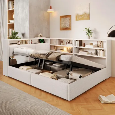 Immagine prodotto di Divano letto idraulico 140x200 cm con porta USB, letto imbottito matrimoniale in ecopelle, divano letto per il giorno, letto per ospiti con contenitore, in velluto, colore bianco