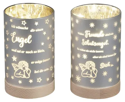 Produktbild von 2er Set LED Tischlampen Engel mit Spruch H. 15cm auf Holzfuß Formano
