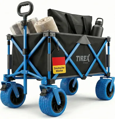 Produktbild von TIREX by xonic® Bollerwagen Faltbar mit PolyurethanXL Rädern aus Vollgummi – Strand & Garten Faltbarer Handwagen mit verstellbarem Griff & Fußbremse – Robuster Transportwagen für Kinder & Camping (Blue/Grey)