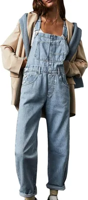 Produktbild von ASKSA Damen Jeanslatzhose Laessige Stretch Denim Latzhose Jeans Overalls Mit Taschen Klassischer lockere Passform Jumpsuit,Hellblau,M