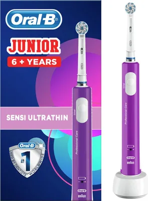 A product shot of an Oral-B Junior electric toothbrush and its packaging.