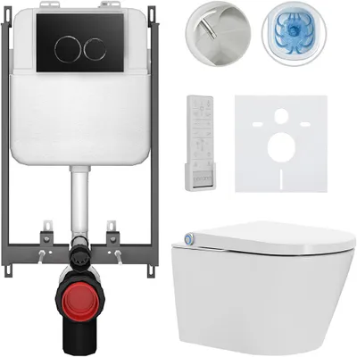 Productafbeelding van CERANO - Hangtoilet met bidet Cronus Pro - wit, glanzend - bedieningsknop Prime/Dualo, zwart - voor inbouw - 59,3 x 38,4 cm