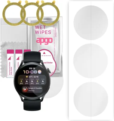 Produktbild von apgo 3 Stück Schutzfolie, klar, kompatibel mit Huawei Watch 3 Smartwatch, Hydrogel Displayschutzfolie mit Positionierhilfe, Displayfolie, robust und kratzfest