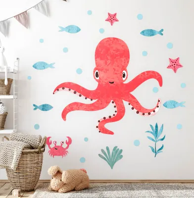 Produktbild von Oktopus – Wandgestaltung – Wandbilder Kinder – Motivtapeten Set – Wanddekor Kinderzimmer – Selbstklebende Wandsticker – 100x106 cm