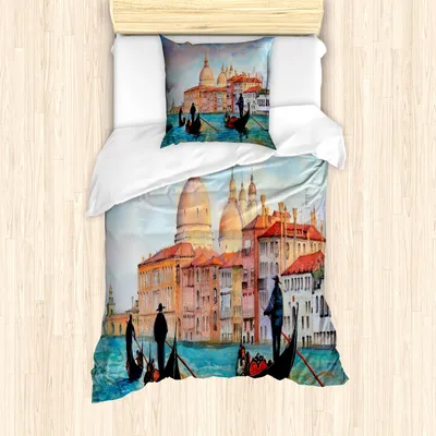 Produktbild von ABAKUHAUS Venedig Mantele, Aquarell Serene Stadt, Milbensicher Allergiker geeignet mit Kissenbezügen, 135 cm x 200 cm - 80 x 80 cm, Peach Pale Blue Red