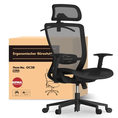 Produktbild von FlexiSpot OC3 Ergonomischer Bürostuhl, Schreibtischstuhl mit 2D-Kopfstütze, dynamischer Lendenstütze und verstellbaren Armlehnen, atmungsaktiv Schwarz