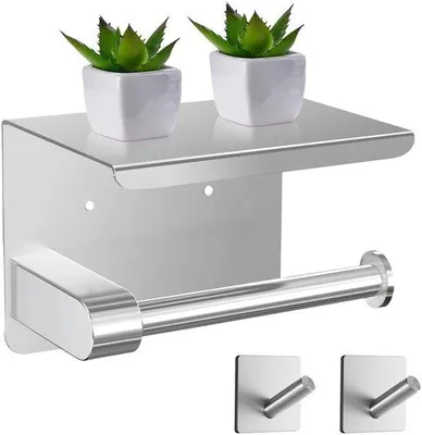 Produktbild von Unyqoos® Toilettenpapierhalter (Edelstahl SUS304), korrosionsbeständig – mit Ablage und 2 Klebehaken, Wandmontage ohne Bohren oder verschraubbar