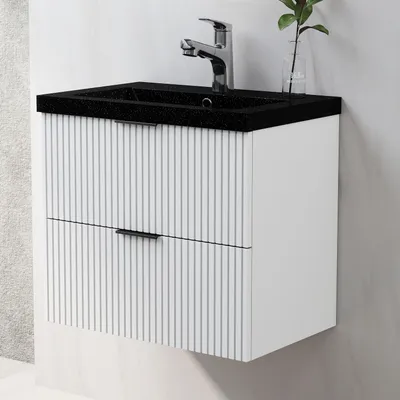 Produktbild von Waschtisch mit Unterschrank 60cm RIVA Badmöbel Set Weiß Waschbecken Schwarz mit Unterschrank MDF Softclose