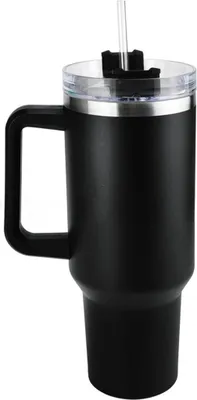 Produktbild von 1200 ml Edelstahl-Thermosflasche mit Henkel und Strohhalm, BPA-frei, auslaufsicher, spülmaschinenfest, ideal für Reisen - HIPYSIP Schwarz