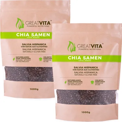 Two bags of chia seeds are shown side-by-side against a white background.
