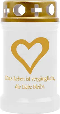 Produktbild von Grabkerze Weiß ( Druck Gold ), Brenndauer: 40 Stunden, Motiv: Herz