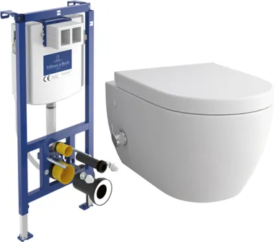 Produktbild von Alpenberger Dusch WC Komplett Set mit Villeroy & Boch Spülrandlos + Unterputz Spülkasten | Wand WC | Toilette mit WC Sitz mit Absenkautomatik (7150 UNI)