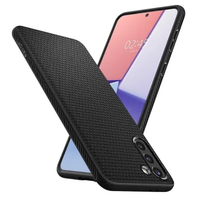 A black phone case is shown diagonally with a phone inside it.