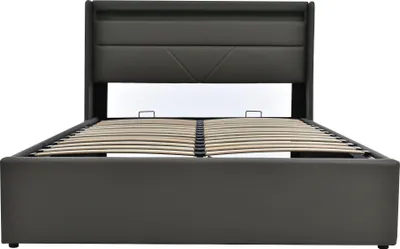 Obrázek produktu pro okwish čalouněná postel – postel 140x200 cm – postel s hydraulickým úložným prostorem – manželská postel s roštem, úložným prostorem a LED, šedá (s dálkovým ovladačem)