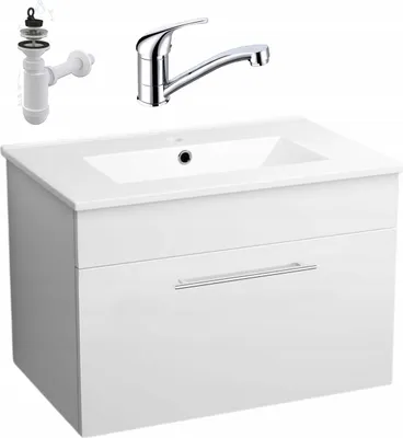 Image de Salle de bains Armoire suspendue Blanc avec lavabo 80x47 Tiroir Robinetterie brillante Ob
