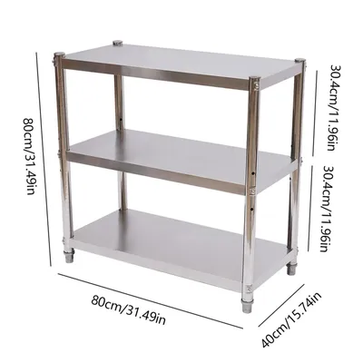 A three-tier stainless steel shelving unit with dimensions indicated by text overlays.