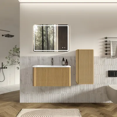 Zdjęcie produktu dla Komplet mebli łazienkowych 80 cm: umywalka z szafką pod umywalkę (montowana na ścianie) oraz szafka boczna | Komplet mebli łazienkowych: umywalka z szafką pod umywalkę, wzór z żłobieniami | Dąb biały