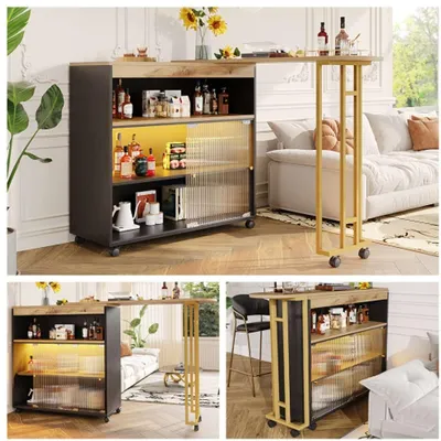 Image de Table de bar extensible avec espace de rangement - Table de bar moderne et mobile - Table de bar télescopique avec éclairage LED