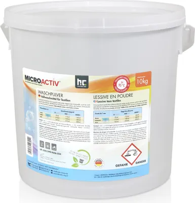 A white plastic tub of laundry detergent.