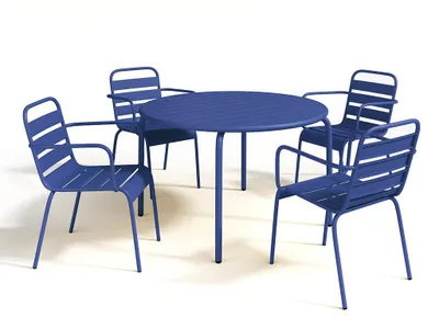 Produktbild von Garten-Essgruppe: Tisch D. 110 cm + 4 stapelbare Sessel - Metall - Dunkelblau - MIRMANDE von MYLIA