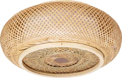A close-up, bottom view of a woven bamboo ceiling lamp.