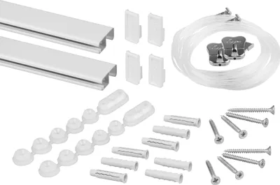 A collection of picture hanging hardware components laid out on a white background.