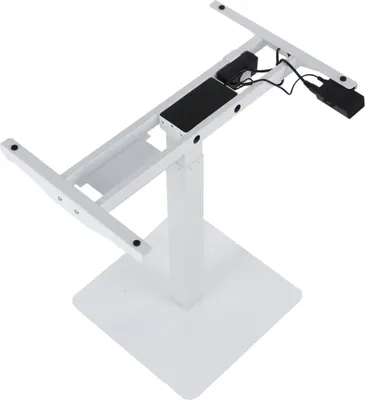 A white electric standing desk frame.