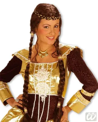 Produktbild von Braune Rapunzel Perücke mit geflochtenem Haarband, zwei Zöpfen und goldenen Borten