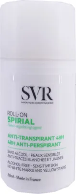 A white roll-on deodorant bottle with black and green text.