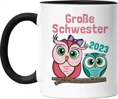 Produktbild von Große Schwester 2023 Tasse Schwarz Süßes Motiv Eulen Nachwuchs Schwangerschaft Geschenkidee Baby-News
