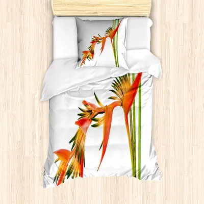 Produktbild von ABAKUHAUS Blumen Mantele, Exotische Blume AST, Milbensicher Allergiker geeignet mit Kissenbezügen, 135 cm x 200 cm - 80 x 80 cm, grün orange