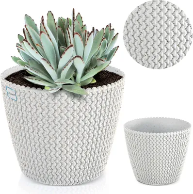 A white knitted-look plant pot with a succulent plant inside, shown from the front. A close-up of the pot's texture and a smaller pot are also shown.
