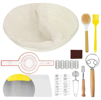 Productafbeelding van Broodbakset - Rieten rijsmand 23 cm - Deegschraper - Linneninzetstuk - Deegmenger - Broodmes - 10-delig