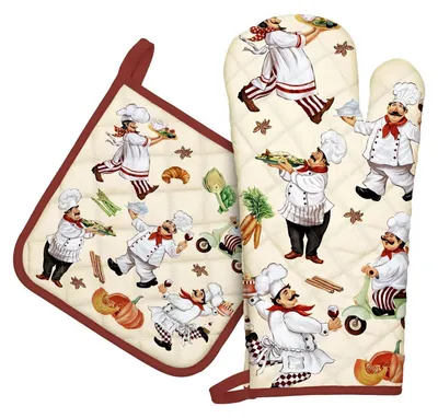 Immagine prodotto di Set da 2 pezzi: guanti da forno e presine | Cotone | Resistente al calore | 19x35 cm e 22x22 cm