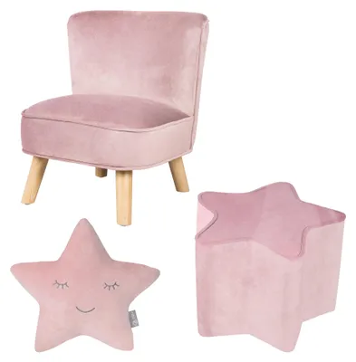 Produktbild von roba Bundle 'Lil Sofa' enthält Kindersessel, Kinderhocker in Sternform, Dekokissen Stern rosa/mauve