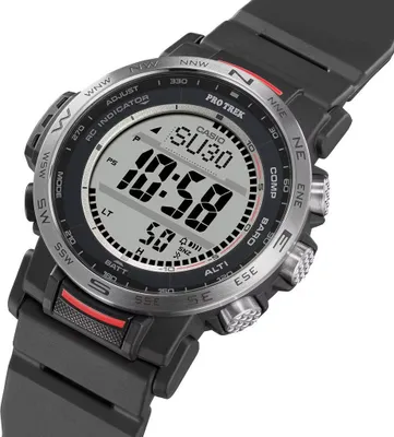 A close-up, angled shot of a black Casio Pro Trek watch against a white background.