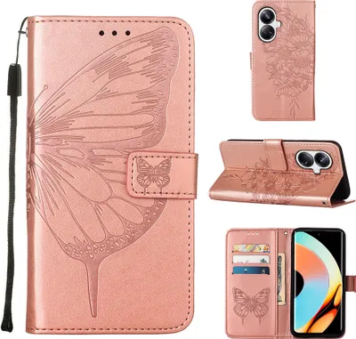 Produktbild von Lederhülle für Realme 10 Pro+ 5G Schmetterling Prägung Flip Ledertasche Kartenfächer Handyhülle mit Ständer Pink