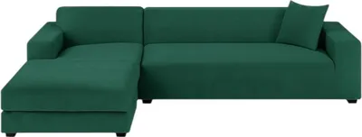 A green sectional sofa with a chaise lounge is shown against a white background.