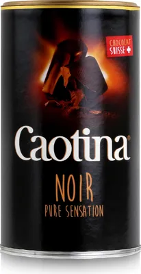 A black tin of Caotina Noir hot chocolate powder.