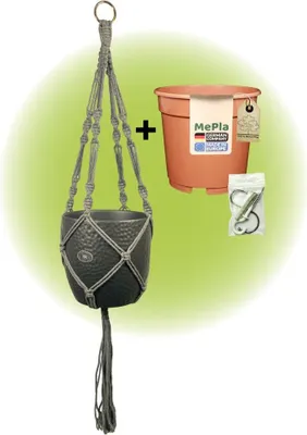 Produktbild von MePla - Set - Ampel Makramee Grau - Boston ø19 Anthrazit + Kulturtopf ø18 + Beipack-Set 21550-001