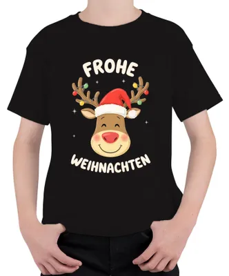 Produktbild von Frohe Weihnachten Rentier Weihnachtsmütze Cartoon Kinder Lustig Kinder T-Shirt, Schwarz, 140