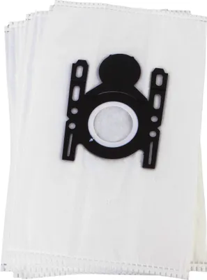 A stack of white vacuum cleaner bags with a black plastic fitting on top.