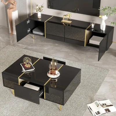 Produktbild von STILVORA 2er-set Hochglanz Lowboard & Couchtisch,TV-Schrank mit vier Türen,Fernsehschrank Beistelltisch mit Metallfüße,Schwarz