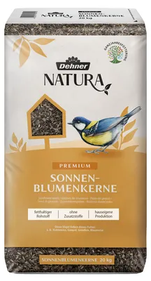 Zdjęcie produktu dla Dehner Natura Premium karma dla dzikich ptaków, nasiona słonecznika, całoroczna karma o wysokiej zawartości białka / energii, wysokiej jakości karma dla dzikich ptaków, 20 kg